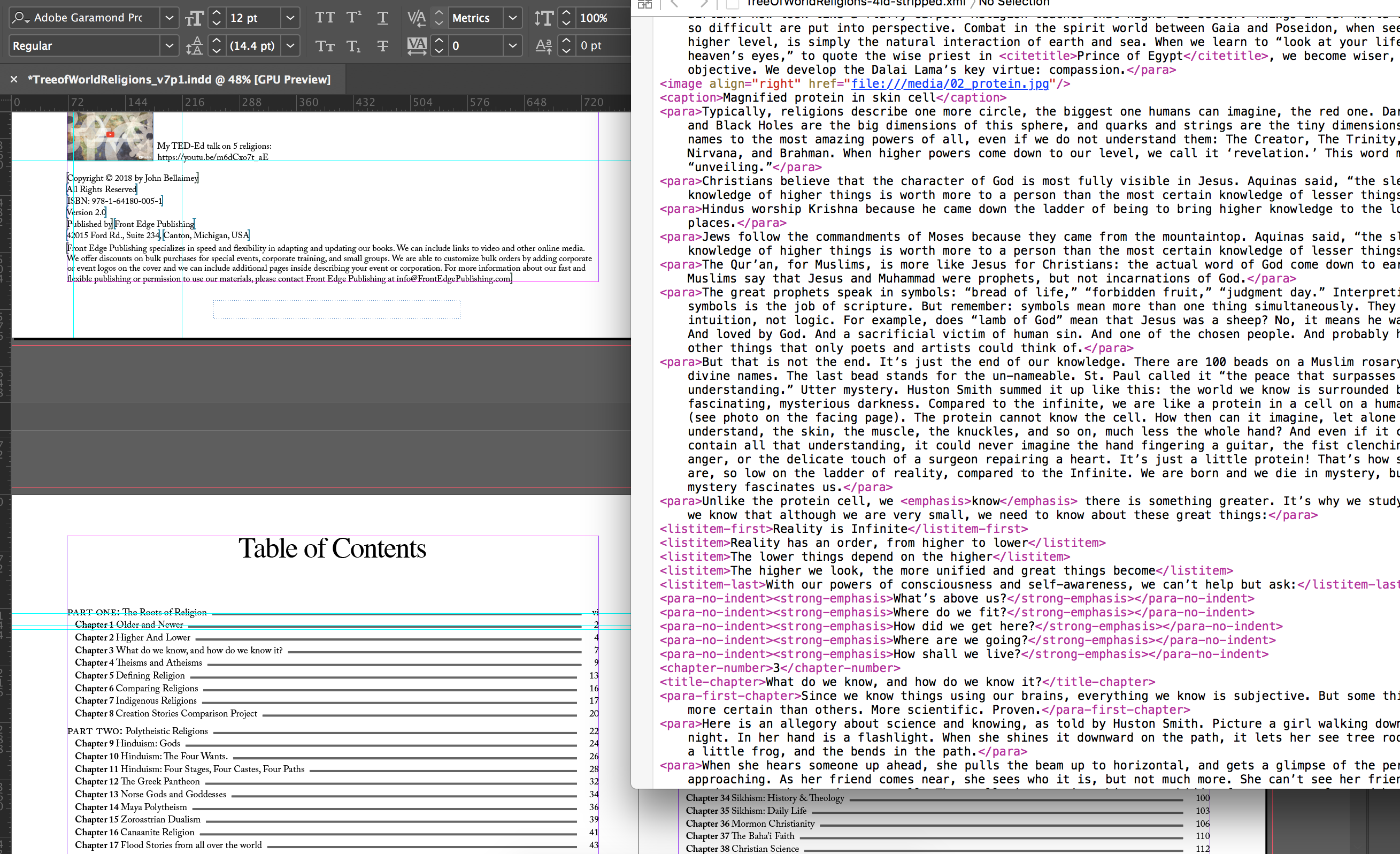 XML code used with Adobe InDesign to create a book layout