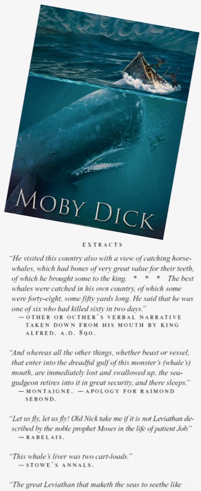 Extracts from Herman Melville's Moby Dick displayed with cover art