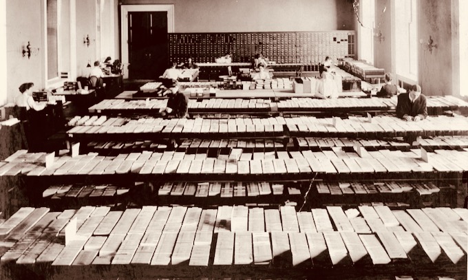 Library of Congress indexing staff upgrading a portion of the card catalog in 1897