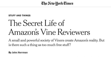 New York Times’ The Secret Life of Amazon’s Vine Reviewers headline