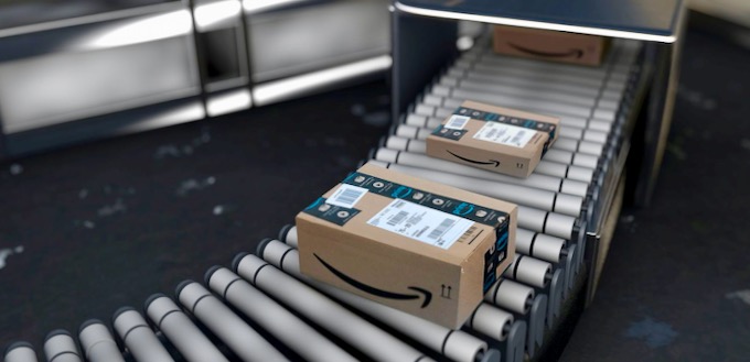 Amazon boxes on a rolling production line