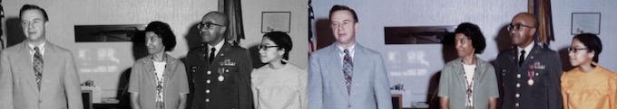 Side-by-side color and black and white versions of a photo of Ret. Col. Cliff Worthy with Undersecretary of the Army Ken BeLieu