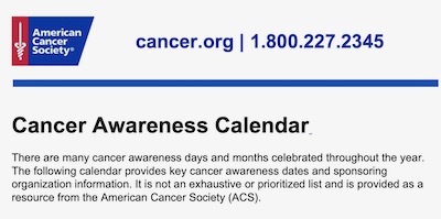 Screenshot of the American Cancer Society‘s Cancer Awareness Calendar page